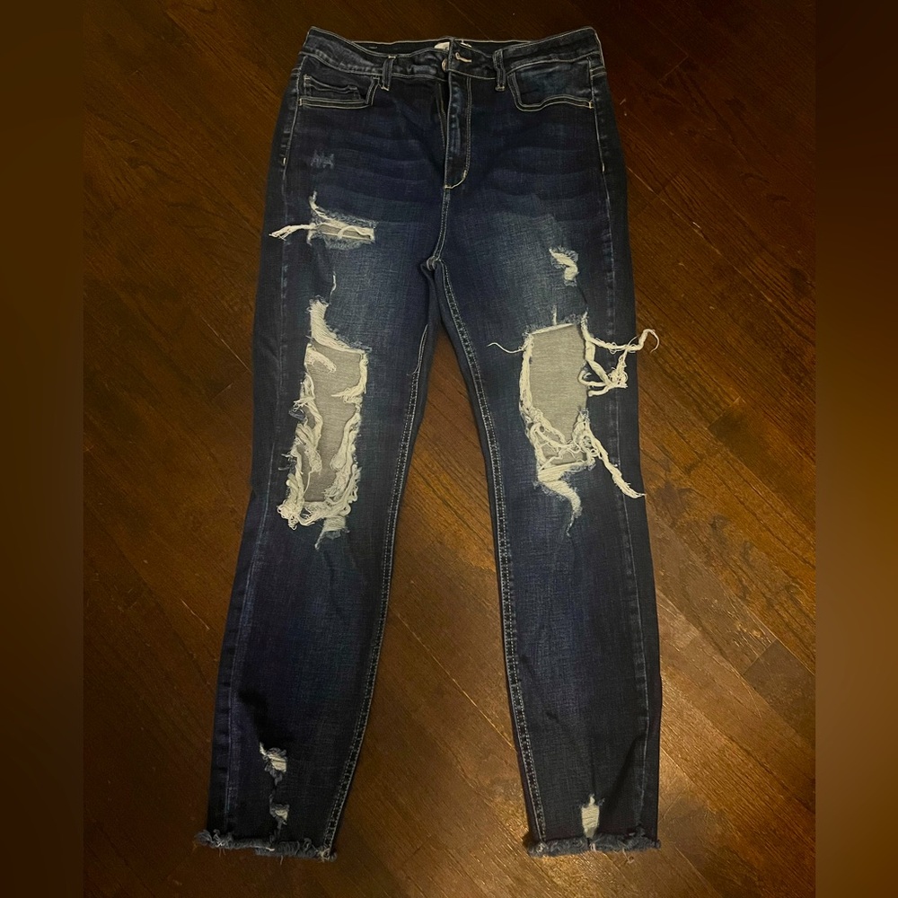 Cello size 13 High waisted, distressed, raw hem skinny jeans.